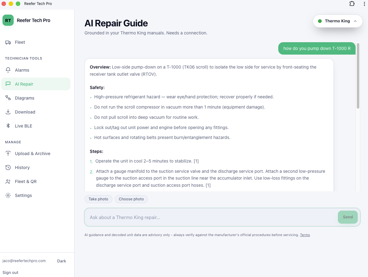Alarm codes screen in Reefer Tech Pro