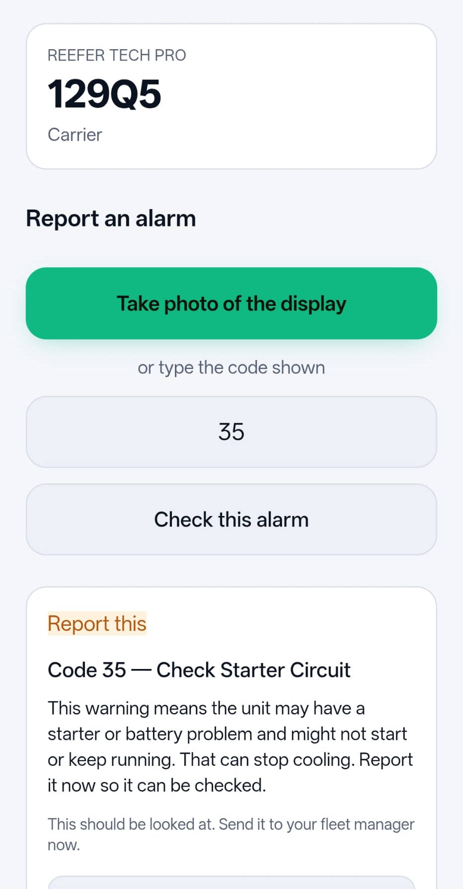 Driver QR report flow in Reefer Tech Pro