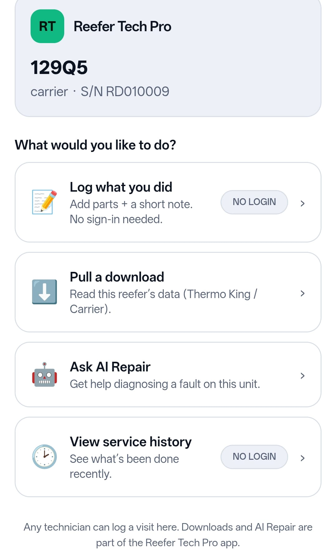 Technician service log in Reefer Tech Pro