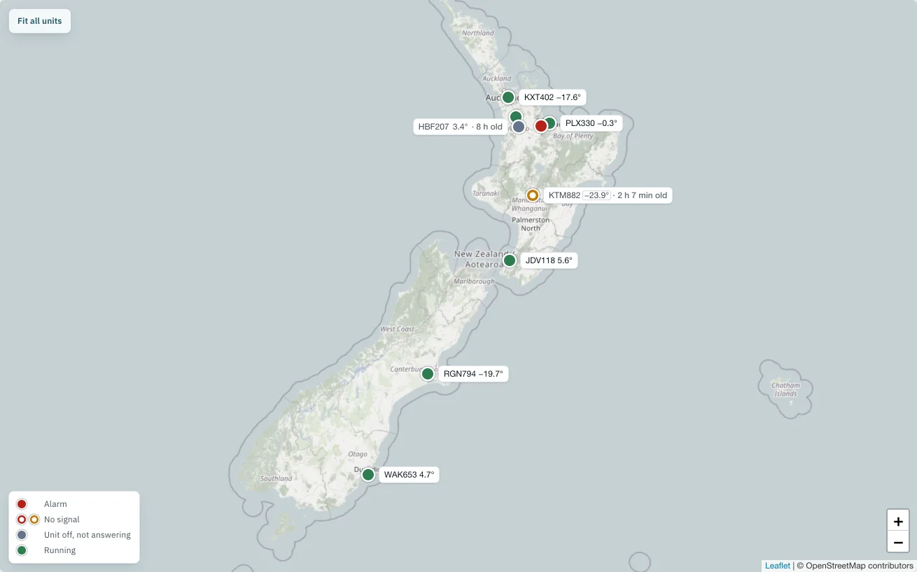A map of New Zealand with the demo fleet's trailers as dots in their status colours, from Auckland to Dunedin. KXT402 is near Auckland. KTM882 is out of signal and labelled with how old its last fix is.